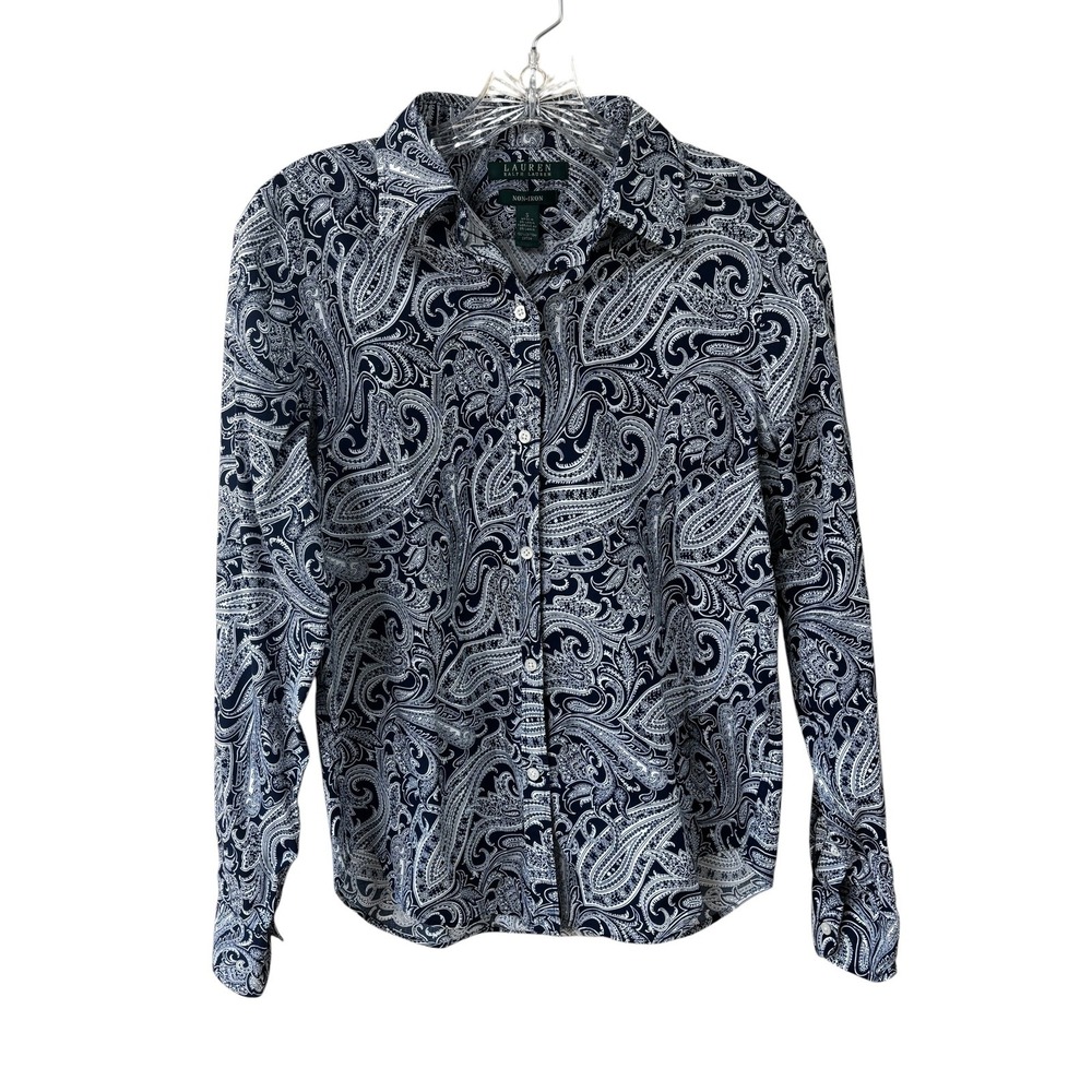 Lauren Ralph Lauren Shirt Womens Small Blue Paisley Non Iron Button Up Cotton